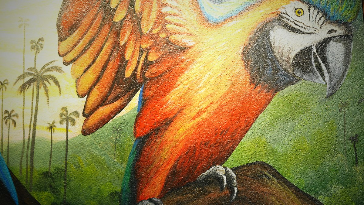 Mural de una guacamaya con palmas de fondo, en una pared de Las Palmas.